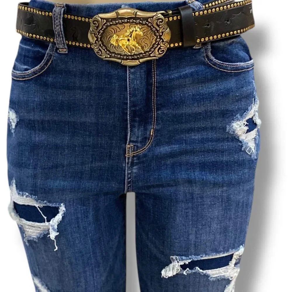 Black Western Tooled Leather Belt Oversized Buckle Gold Horse & Barbed Wire NWT